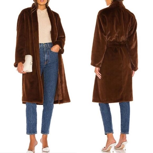 Vince X Revolve Faux Fur Mahogany Brown Belted Coat Ultra Chic Soft Quiet Luxury - Picture 5 of 14